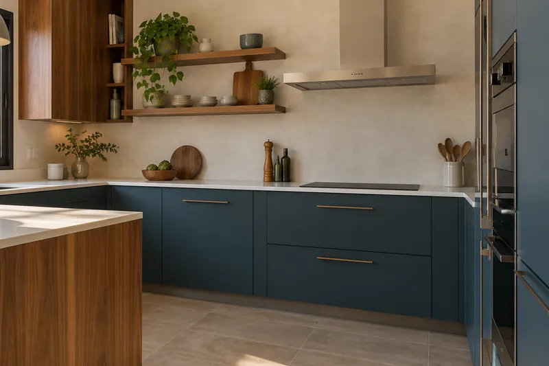 Visualización conceptual IA de cocina: Cocinas de David Salas. Detalle de materiales y distribución.